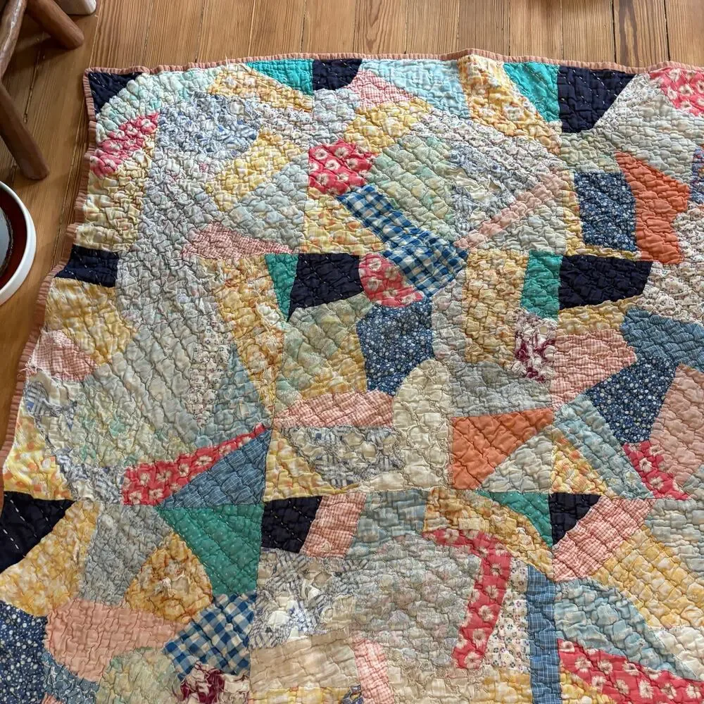 Vtg Crazy Patchwork Quilt Handmade Scrunchy Cotton Colorful 54x69” Feedsack?